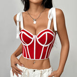 Woman Clothing Top Women T-shirt Tank Top Female Clothes Tops Tanks Camis Crop Top Y2K Sexy Ribbon Tie-Up Fishbone Camisole