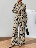 Women Clothing 2024 Autumn New Fashion Print Set Casual Button Collar Shirt Long Sleeved Wide Leg Pants Long Pants Two-piece Set