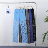 Plus Size Women's Stretch Denim Jeans With Cut-Out Lace Splicing Summer New High Waist Wide Pants Elegant Female Chic Trousers