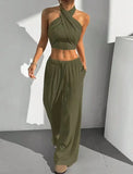 Women's Clothing Summer Casual Solid Color 2 Piece Set New Backless Cross-chest Wrapping Sexy Tank Top & Wide-leg Trousers Pants