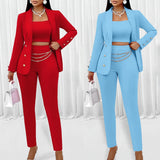 Three Piece Sets Women Pant Set Strapless Y2k Tops Full Sleeve Blazer Turn Down Collar Coats Long Pants High Waist Matching Sets