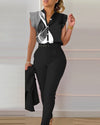 Womens Elegant Slim Two-Piece Sets Summer Fashion Print V Neck Button Flying Sleeve Shirt Top & Solid Long Pants Suits With Belt