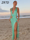 Green Knit Hollow Out Beach Long Dress Women Sexy Halter Backless Sleeveless Split Party Dresses 2025 Summer Lady Holiday Robe