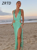 Green Knit Hollow Out Beach Long Dress Women Sexy Halter Backless Sleeveless Split Party Dresses 2025 Summer Lady Holiday Robe