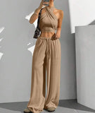 Women's Clothing Summer Casual Solid Color 2 Piece Set New Backless Cross-chest Wrapping Sexy Tank Top & Wide-leg Trousers Pants