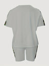 Plus Size Outfits Two Piece Set, Women's Plus Letter Print Contrast Panel Short Sleeve Tee & Shorts Outfits 2 Piece Set