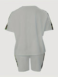 Plus Size Outfits Two Piece Set, Women's Plus Letter Print Contrast Panel Short Sleeve Tee & Shorts Outfits 2 Piece Set