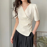 Women Blouse 2025 Spring Summer Solid Tucked V Neck Slim Blouse Elegant Short Sleeve Asymmetrical Top For Women Hot Sale