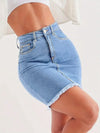 Women Slim-Fit Denim Mid Skirt with Raw Hem Button Zipper Pockets Stretchy Jeans Skirt Casual Light Blue Summer Fashion Skirt