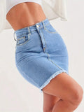 Women Slim-Fit Denim Mid Skirt with Raw Hem Button Zipper Pockets Stretchy Jeans Skirt Casual Light Blue Summer Fashion Skirt