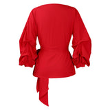 Fashion Blouse for Women 2024 Slash Neck Full Sleeve Sashes Solid Elegant African Ladies Luxury Designer Fashion Shirts Tops
