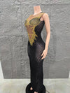 Shinning Golden Crystal Women Sleeveless Sexy Mesh See Through Bodycon Long Dress Celebrate Nightclub Party Birthday Dress