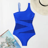 Plus Size Swimsuits Women One Shoulder Slim Swimwear For Women Mesh Solid Black Red Blue Push Up Padded Bathing Suits M-3xl 4xl