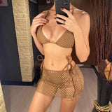 S - XL Mesh Fishnet Skirt Halter Bikini Female Swimsuit Women Swimwear Three-pieces Bikini set Bather Bathing Suit Swim V4889