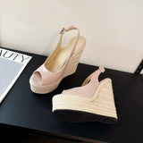 Fashion New Wedges Woven Hemp Rope High Heels Womens Sandals Fish Mouth Platform Back Buckle Strap Thick Soled Shoes Apricot