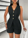 2025 New Women Fashion Casual Set Of 2 Pieces Summer Top Button Elegant Solid Office Holiday Short Pant Suit Womens Clothing