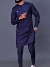 Men's luxury fashion casual navy blue striped print two-piece set