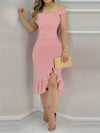 Womens Dresses New Summer Fashion Beaded Off Shoulder Ruffles Slit Hem Elegant Plain Short Sleeve Skinny Midi Party Dress