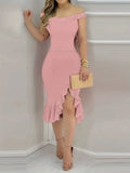 Womens Dresses New Summer Fashion Beaded Off Shoulder Ruffles Slit Hem Elegant Plain Short Sleeve Skinny Midi Party Dress