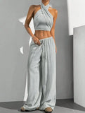 Women's Clothing Summer Casual Solid Color 2 Piece Set New Backless Cross-chest Wrapping Sexy Tank Top & Wide-leg Trousers Pants