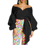 Fashion Blouse for Women 2024 Slash Neck Full Sleeve Sashes Solid Elegant African Ladies Luxury Designer Fashion Shirts Tops