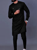 Men's luxury fashion casual navy blue striped print two-piece set