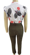 Womens Elegant Slim Two-Piece Sets Summer Fashion Print V Neck Button Flying Sleeve Shirt Top & Solid Long Pants Suits With Belt