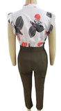 Womens Elegant Slim Two-Piece Sets Summer Fashion Print V Neck Button Flying Sleeve Shirt Top & Solid Long Pants Suits With Belt
