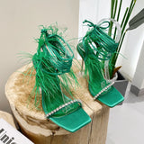 Eilyken New Design Womens Sandals Fashion Fuzzy Feather Summer Transparent High Heels Sexy Nightclub Stripper Shoes Purple Green