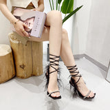 Eilyken New Design Womens Sandals Fashion Fuzzy Feather Summer Transparent High Heels Sexy Nightclub Stripper Shoes Purple Green