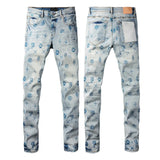 Top quality jeans Men Fashion High street Wash blue print letters Fashion Repair Low Rise Stretch Skinny Trousers Brand pants