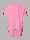 Plus Size Outfits Two Piece Set, Women's Plus Letter Print Contrast Panel Short Sleeve Tee & Shorts Outfits 2 Piece Set
