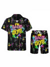 Men 3D Printed Graffiti Pattern Summer Neutral Fashion Casual Rave Party Style Shirt+Short 2 Piece Oversized Hawaiian Shirt Set