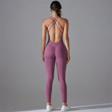 Plus Size S-XL Back V Bodysuits Sports Women Gym Rompers Yoga Set Scrunch Legging Workout One-Piece Jumpsuit Suit Active Wear