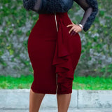 Sexy Skirts for Women Bodycon High Waisted Zipper Closure Ruffles Mid Calf Fashion Elegant African Office Work Pencil Skirts New