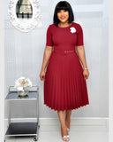 New Plus size women's Summer Style Elegant Ladies  fashion short sleeve pleated high waist Dresses ladies  dress for women