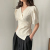 Women Blouse 2025 Spring Summer Solid Tucked V Neck Slim Blouse Elegant Short Sleeve Asymmetrical Top For Women Hot Sale