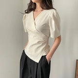 Women Blouse 2025 Spring Summer Solid Tucked V Neck Slim Blouse Elegant Short Sleeve Asymmetrical Top For Women Hot Sale
