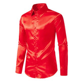 Nightclub Dress Red Satin Shirts Men Clothing Silk Like Long Sleeve Roupas Masculinas Mens Sexy Wedding Party Button Up Shirts