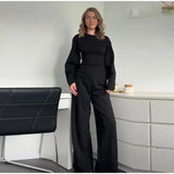 Women's Suit 2025 Spring New Women's Clothing Fashion Long Sleeve O-neck Pleated Top Double-Sided Fabric Office Top Casual Pants