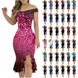 Women'S Party Dress Sexy Off Shoulder Split Ruffle Solid Bodycon Knee-Length Dress Fashion Glitter Party Elegant Dresses Vestido