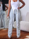 Plus Size Women's Beading Jeans High Waist Slim Casual Denim Pant Vintage Fashion 2024 Streetwear Straight Jeans Trousers