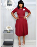 New Plus size women's Summer Style Elegant Ladies  fashion short sleeve pleated high waist Dresses ladies  dress for women